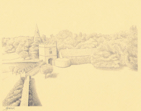 Pencil sketch of Broughton Castle by Richard Grassi