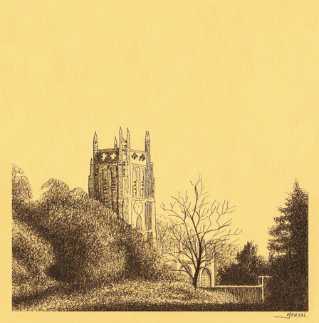 Ink sketch of Fairford Church by Richard Grassi