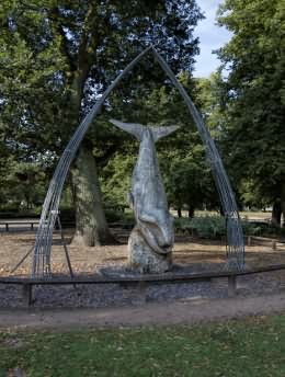 Sculpture of a Bowhead whale on the side of the River Avon