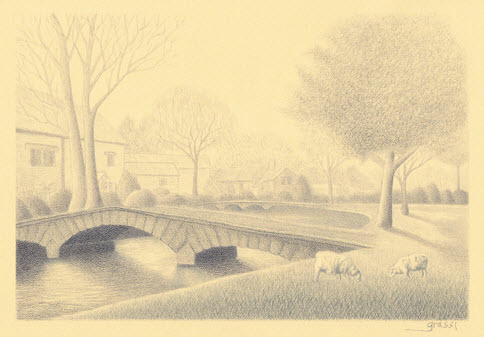 Pencil sketch of river scene at Bourton-on-the-Water
