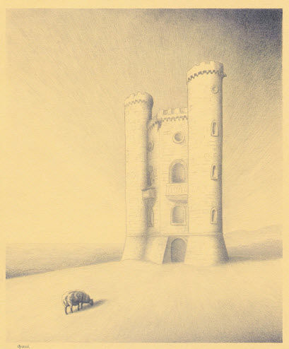 Pencil sketch of Broadway Tower by Richard Grassi
