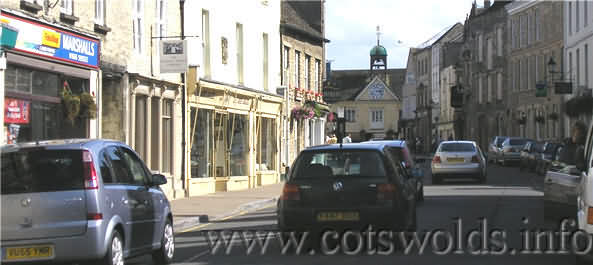 Picture of Tetbury town shopping street with the Market Hall in the background